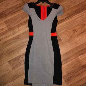 FRENCH CONNECTION GREY-BLACK-ORANGE-BODYCON-DRESS
